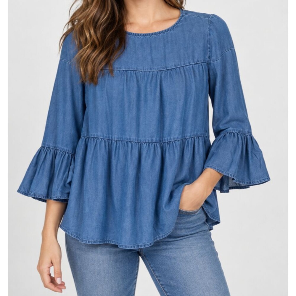 BeachLunchLounge Collective Blue Chambray Tiered Bell Sleeve Blouse XS